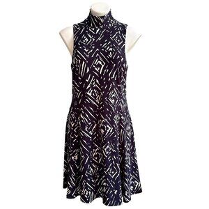 Lauren Ralph Lauren Geometric Print High-Neck A-Line Dress, Navy/White Size 10